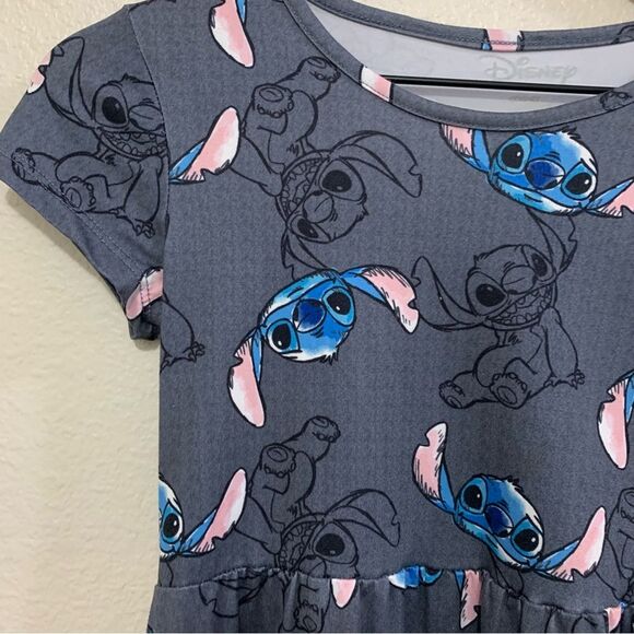 Disney Stitch Dress Girls Small Gray Crew Neck Short Cap Sleeves Full Skirt. - Picture 3 of 9